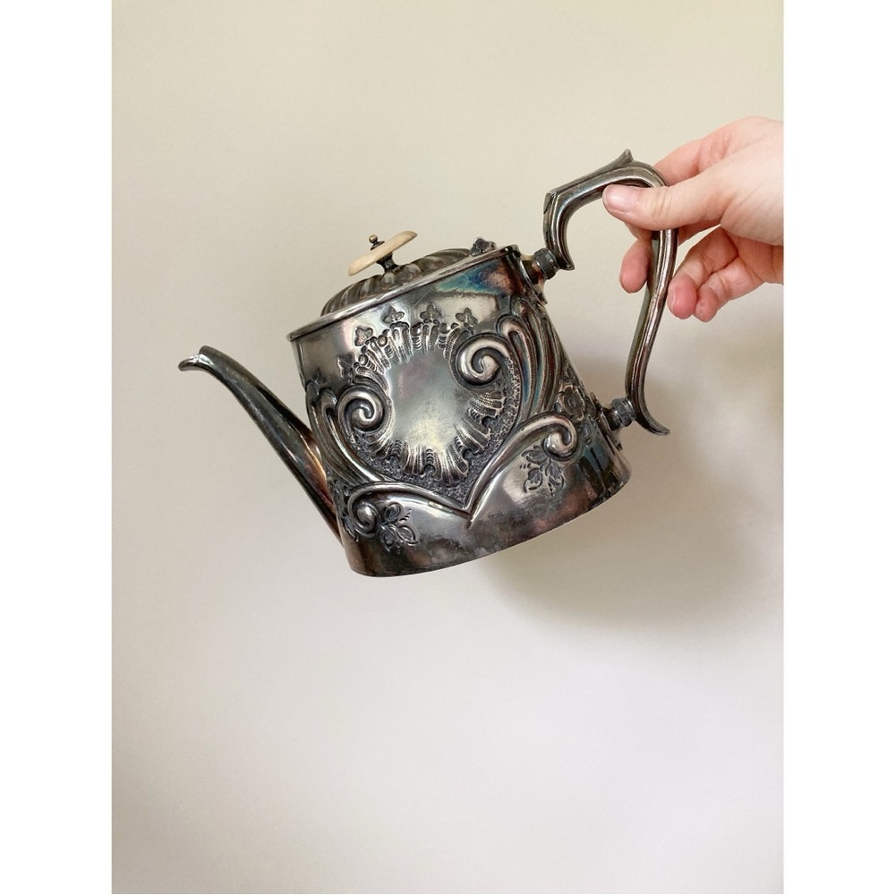 Antique Victorian Silver Plated Teapot Floral Repousse Beautiful Teapot Patina